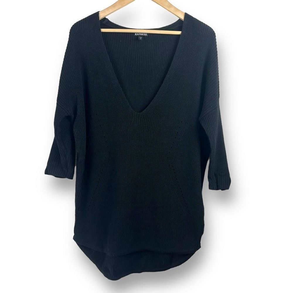 Express Women's S Slouchy‎ Knit 3/4 Sleeve Pullover Sweater Black Cotton Vneck